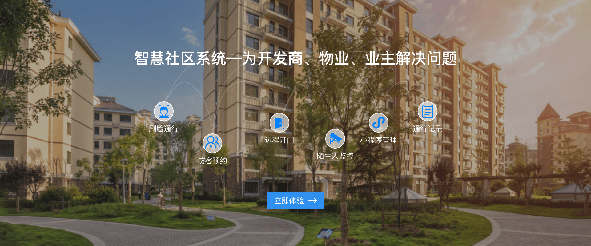 智慧社区人脸识别门禁系统，智慧社区门禁系统为开发商、业主、物业解决问题：刷脸通行、访客预约、远程开门、陌生人监控、小程序管理、通行记录。-